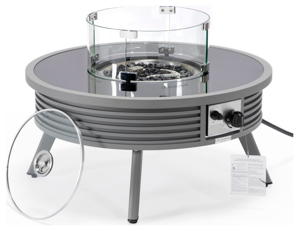 Leisuremod Walbrooke Patio Round Fire Pit Table With Aluminum Slats Frame, Gray