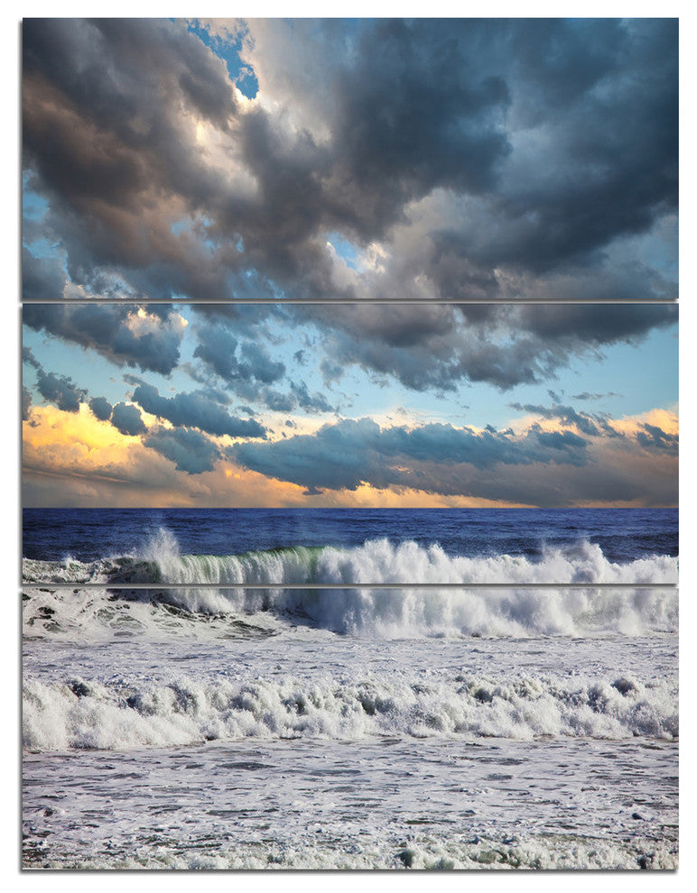 "Heavy Storm in Ocean at Sunset" Beach Metal Wall Art, 3 Panels, 28"x36"