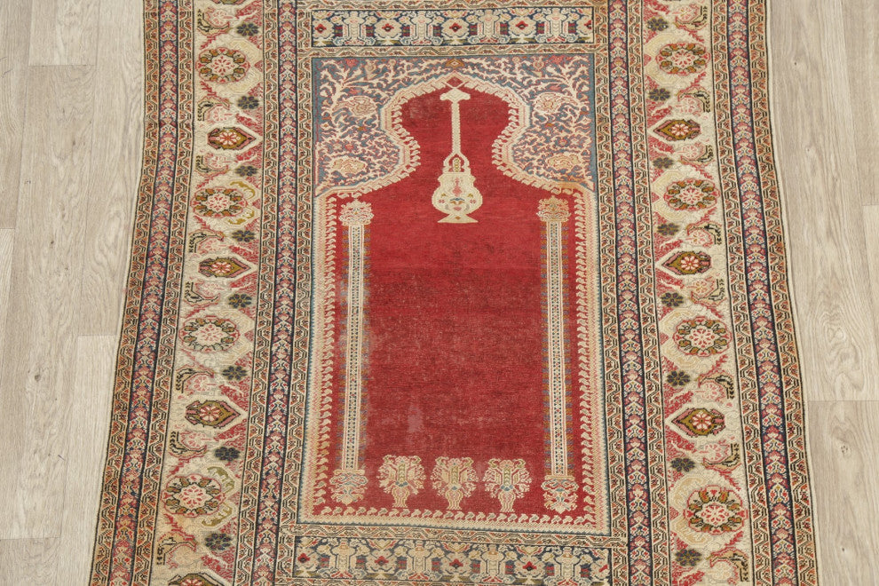 Consigned, Antique Oriental Traditional Worn Handmade Turkish Area Rug, Red, 4x6