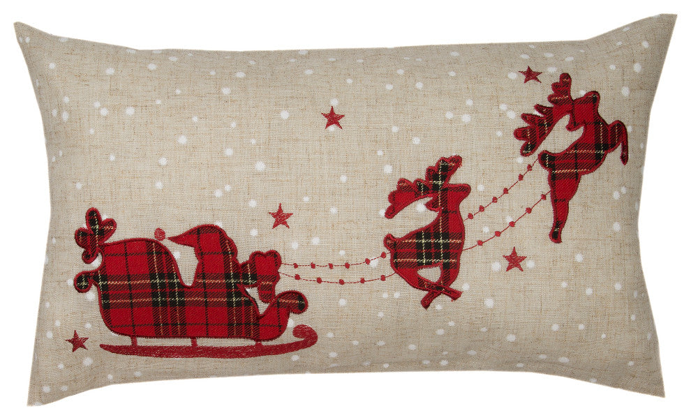 Applique Tartan Santa Sleigh With Reindeers Christmas Pillow, 12"x20"