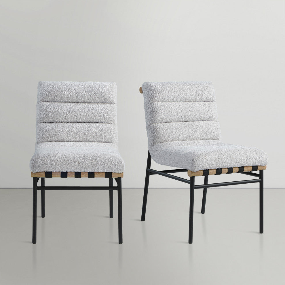 Burke Upholstered Dining Chair (Set of 2), Cream, Boucle Fabric, White Oak Veneer Metal Dowel