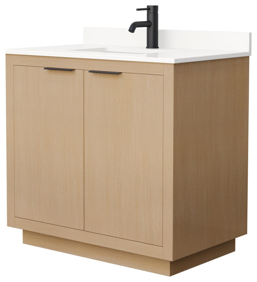 Maroni 36" Light Straw Single Vanity, White Quartz Top, 1-Hole, Black Trim