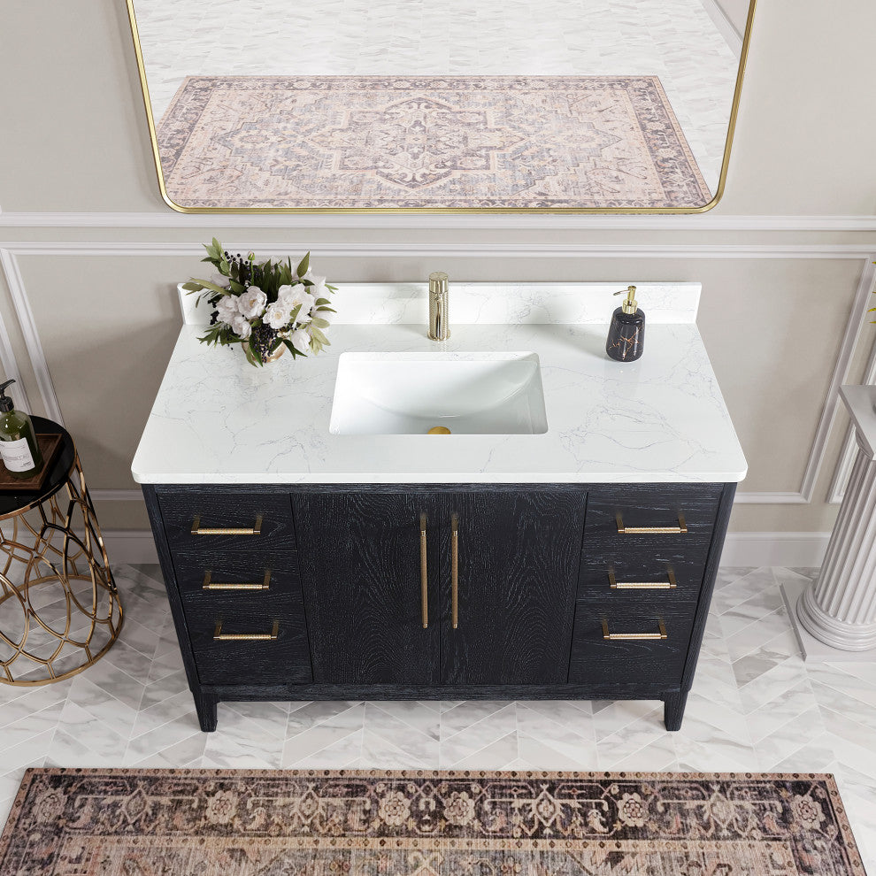 Gara Bath Vanity, Stone Top, Fir Wood Black, 48", Single Vanity, With Mirror