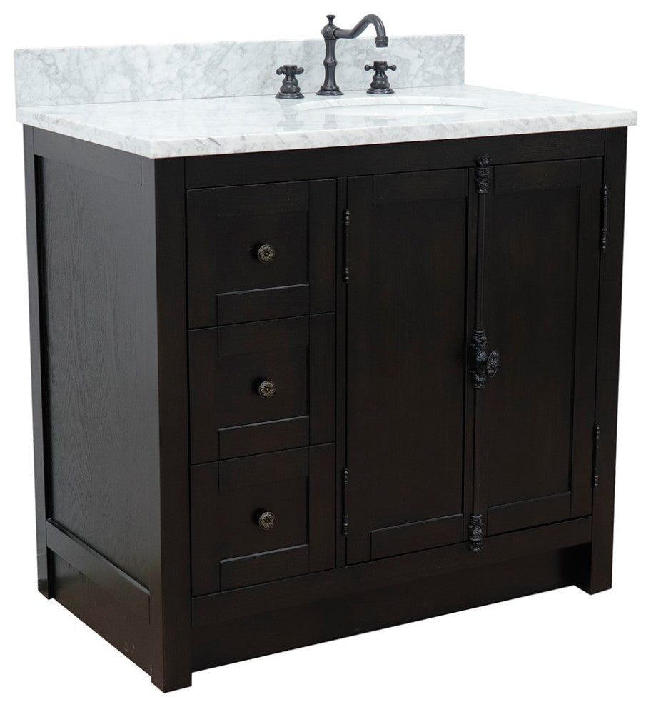 37" Single Vanity, Brown Ash With White Carrara Top, Right Doors/Right Oval Sink
