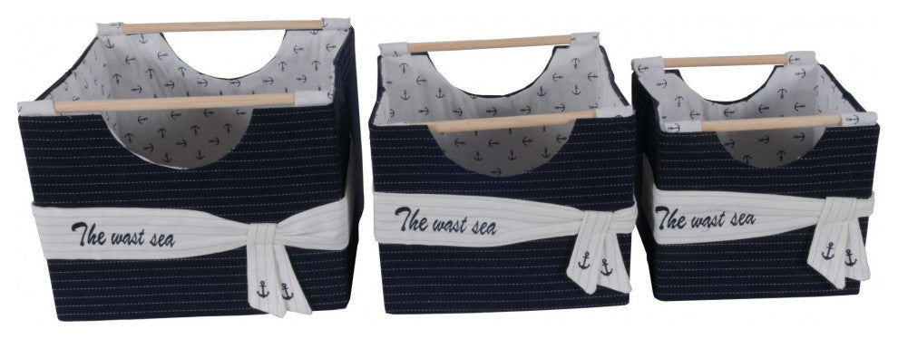 HomeRoots Set of 3 Blue and White Nautical Open Storage Boxes