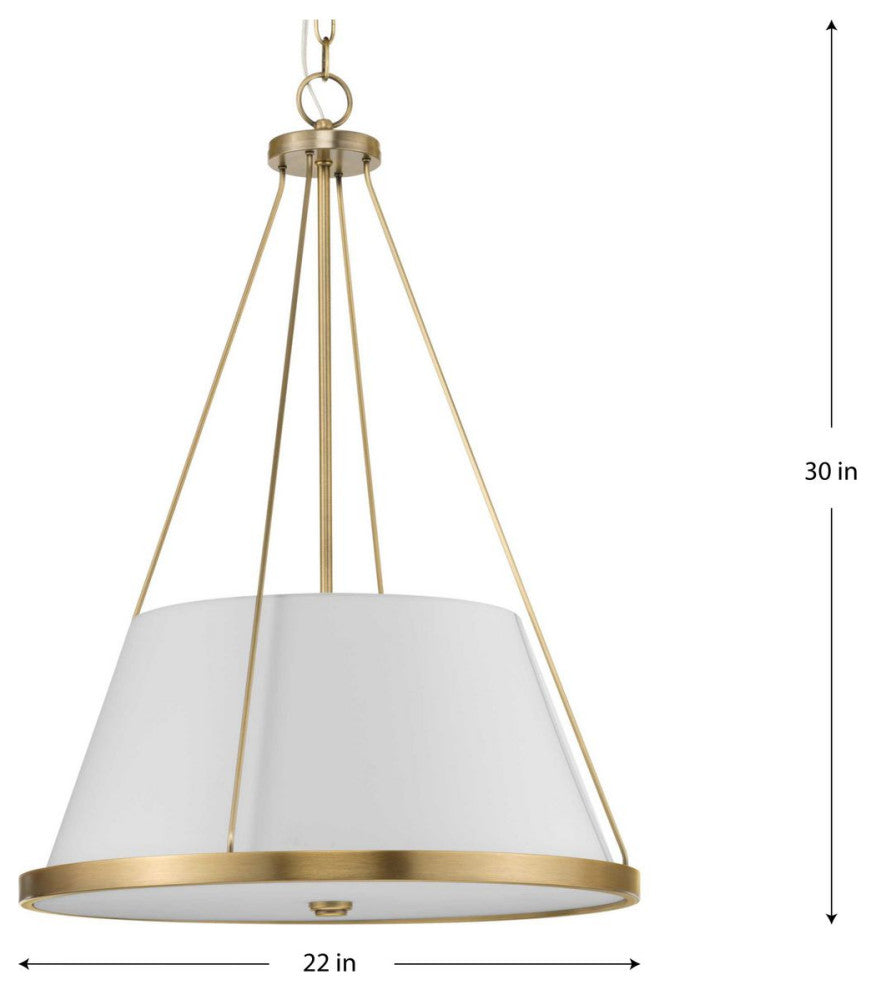 Saffert Collection Three-Light Vintage Brass White Linen Glass Pendant Light