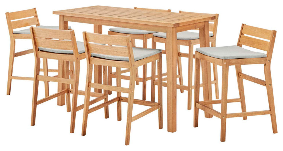 Bar Stool Chair and Table Set, Wood, Brown Natural Taupe Gray, Modern, Outdoor