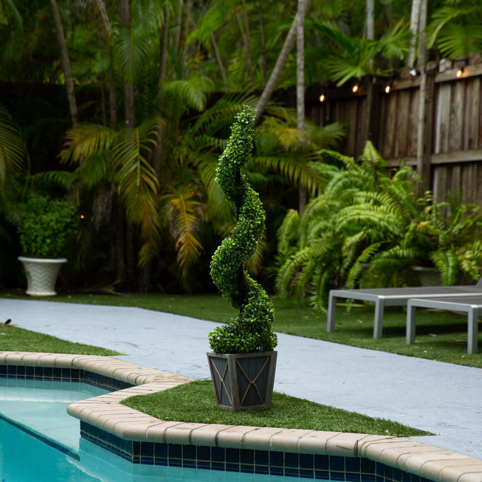 45in. UV Resistant Prelit Artificial Boxwood Spiral Topiary Tree, Planter