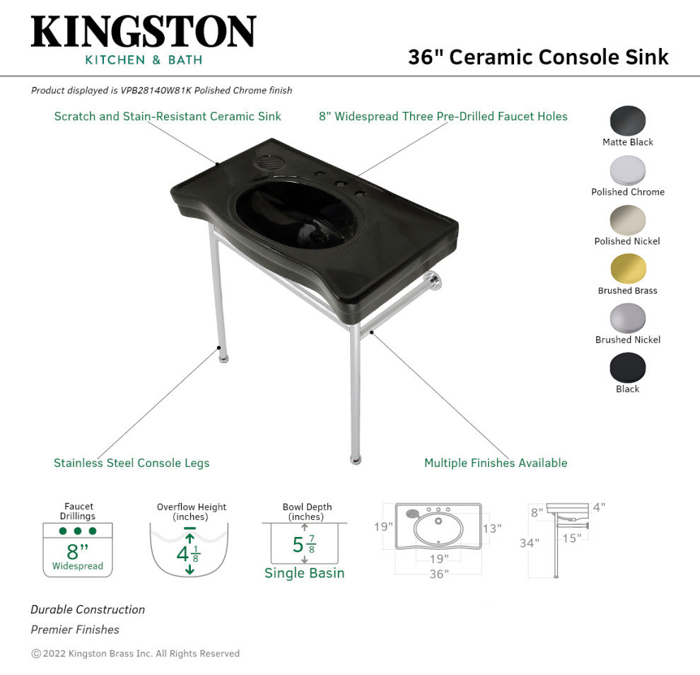 Fauceture VPB28140W87K 36" Ceramic Console Sink, Legs