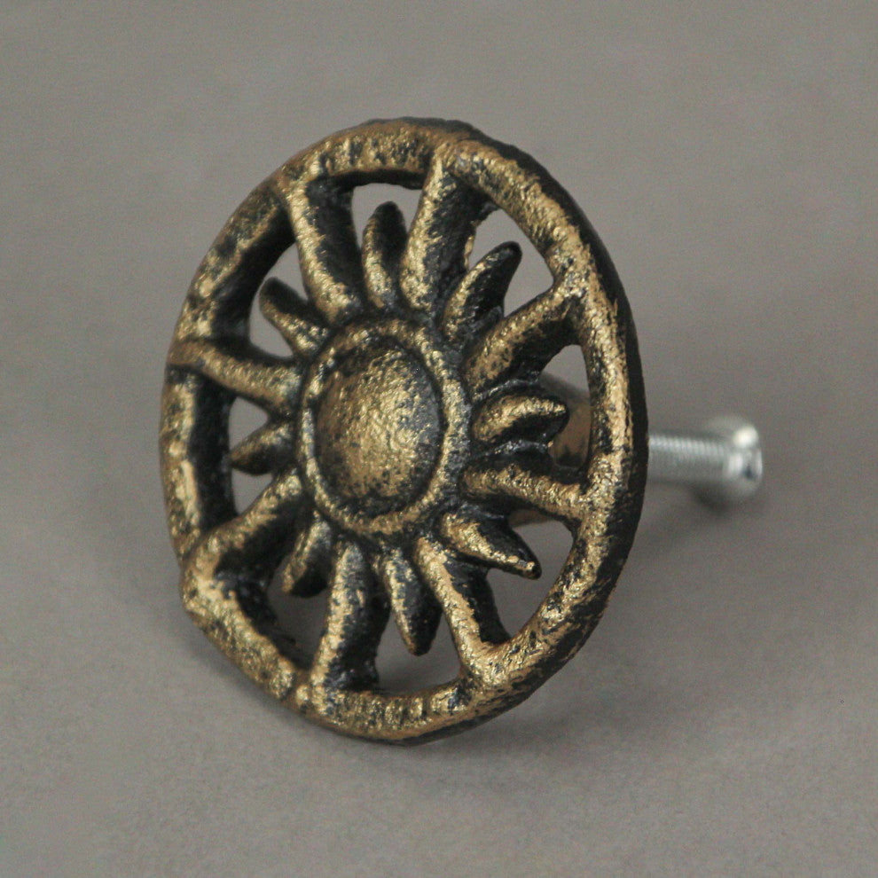 Set of 6 Antique Golden Sun Cast Iron Drawer Pulls Cabinet Knob Home Decor