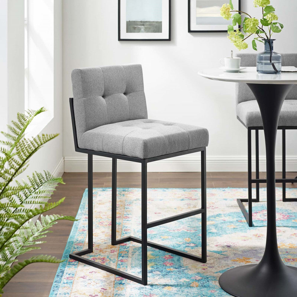 Fabric Bar Stool, Industrial Modern Barstool, Black Metal Tufted Barstool, Grey