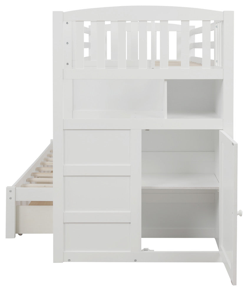 Twin over Full Bunk Bed with Storage Shelves and Drawers, White
