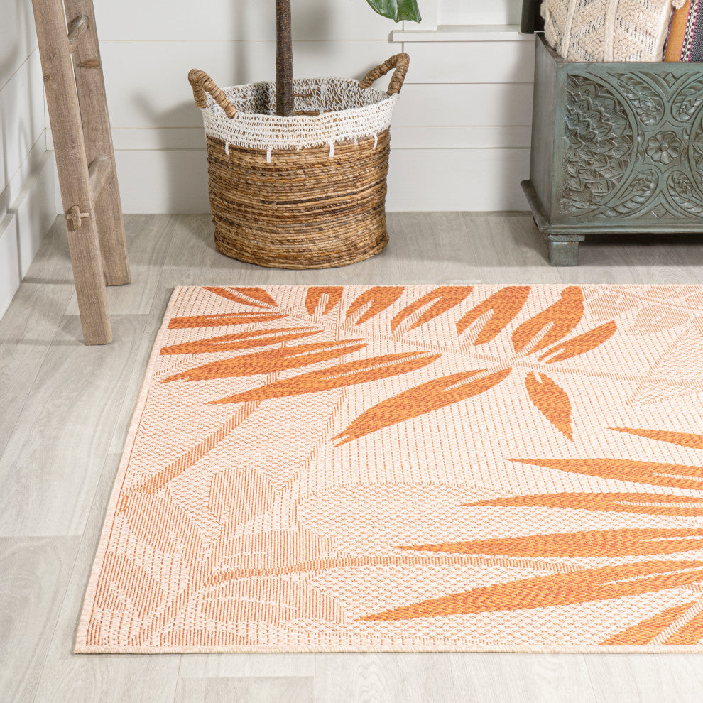 Havana Tropical Palm Leaf Indoor/Outdoor Area Rug, Cream/Orange, 4 X 6