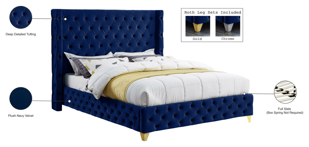 Savan Velvet Upholstered Bed, Navy, Queen