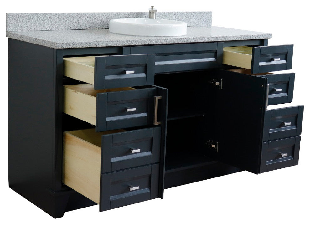 61" Single Sink Vanity, Dark Gray Finish And Gray Granite And Round Sink
