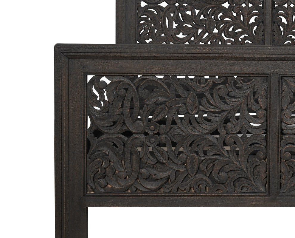 Abigail Floral Carved Solid Wood Queen Panel Bed, Black, Queen