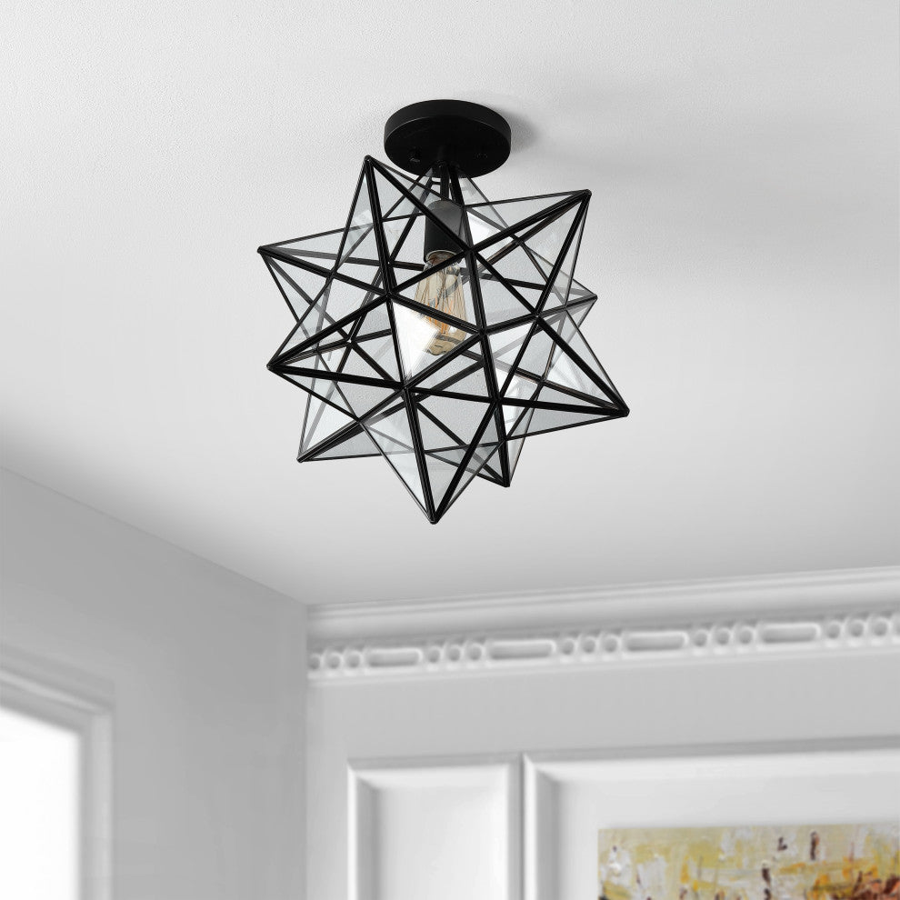 Ava 14.5" 1-Light Farmhouse Bohemian Iron/Glass LED Semi Flush Mount,Black/Clear