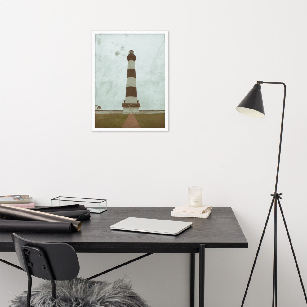 Aged Bodie Lighthouse Landscape Framed Photo Paper Wall Art Prints, White, 18" X 24"