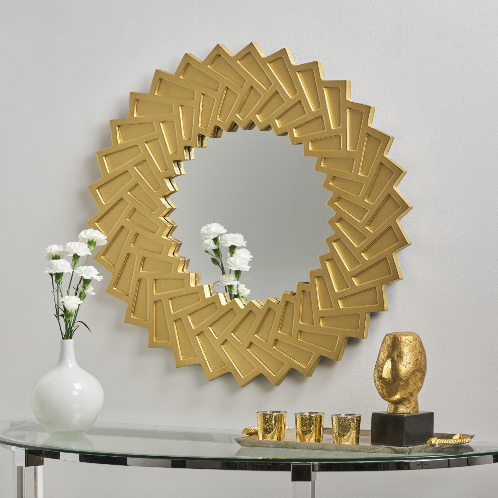 Abington Decorative Modern Sun Mirror With Faux Wood Frame, Gold
