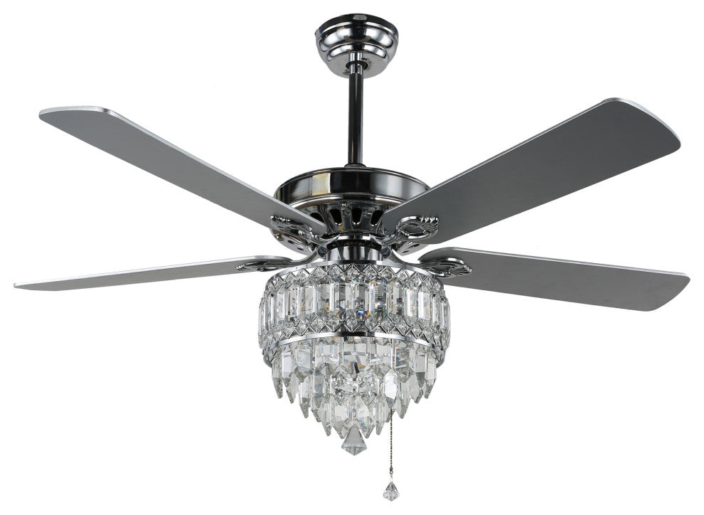 52" Black Crystal Reversible Ceiling Fan with 5 Wood Blades and Remote Control, Chrome, 52"