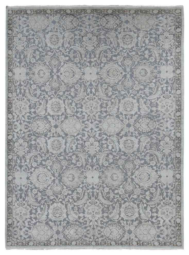 Charcoal Gray Oushak Design Hand Knotted Flat Weave With Silk Rug 9'1"x12'5"