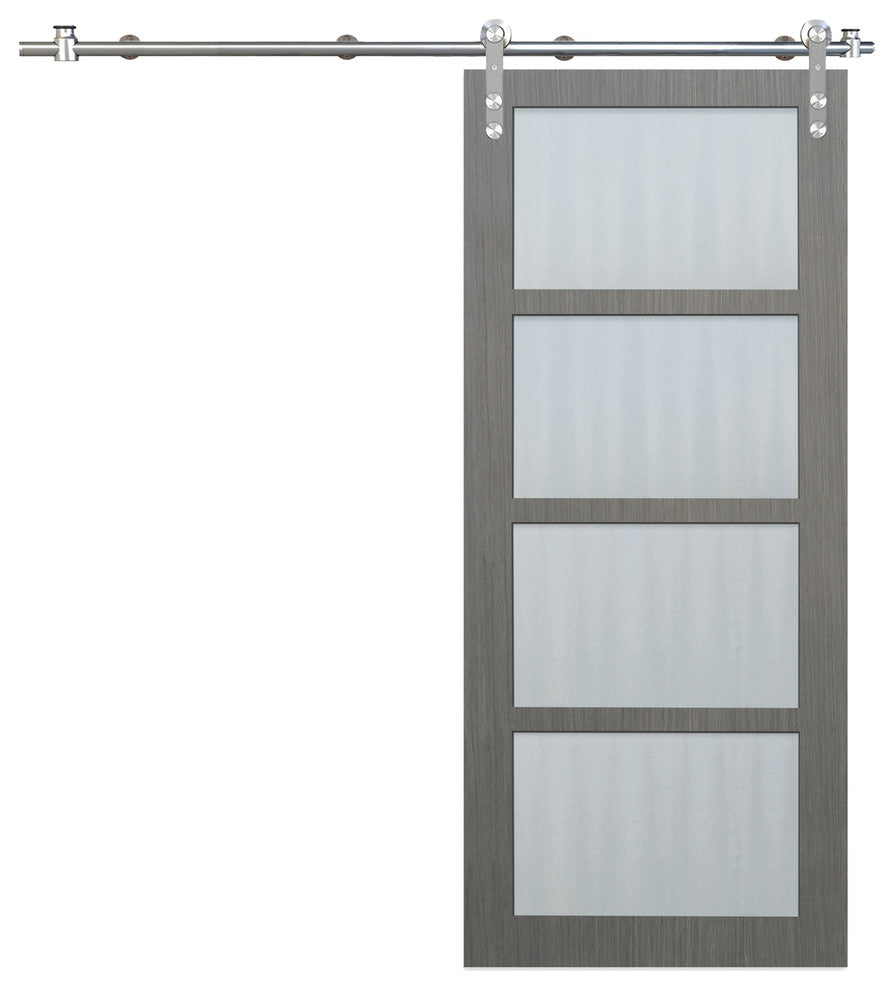 36"x 84" 4-Lite Driftwood Barn Door With Round Stainless Sliding Door Hardware
