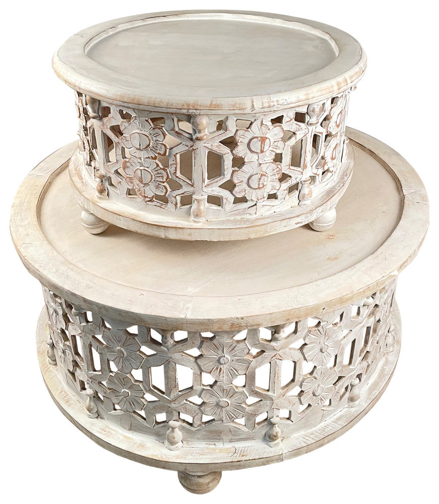 Benzara UPT-248139 Round 2 Piece Coffee Table Set, Carved Floral Design, White