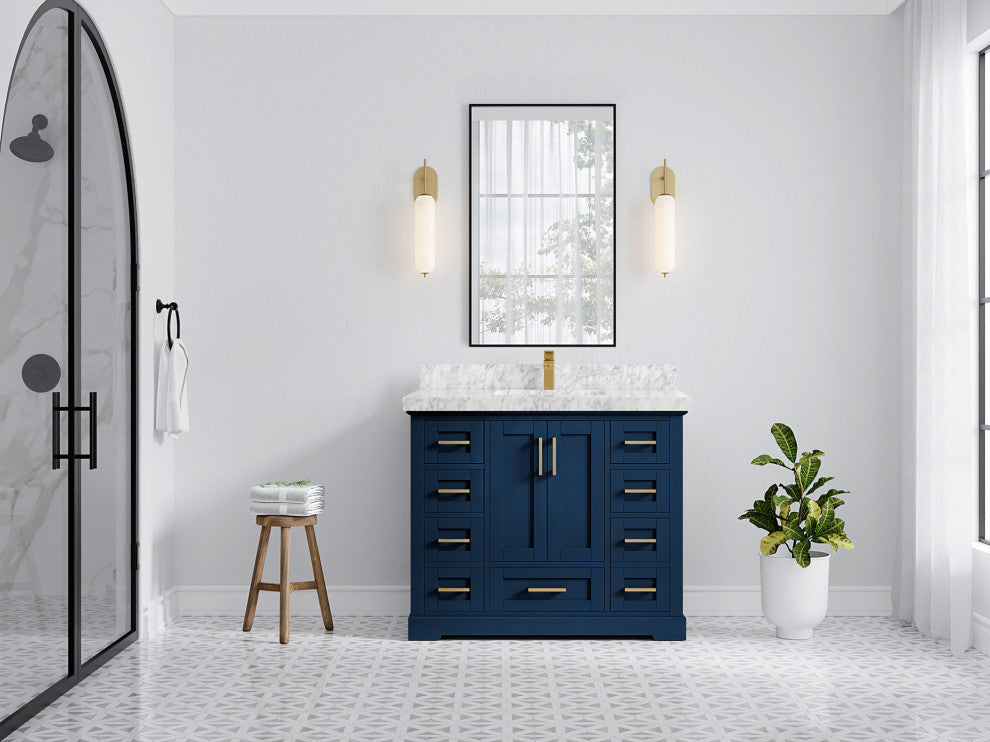 Boston 42 Single Sink Bath Vanity in Navy Blue 2" Carrara Marble