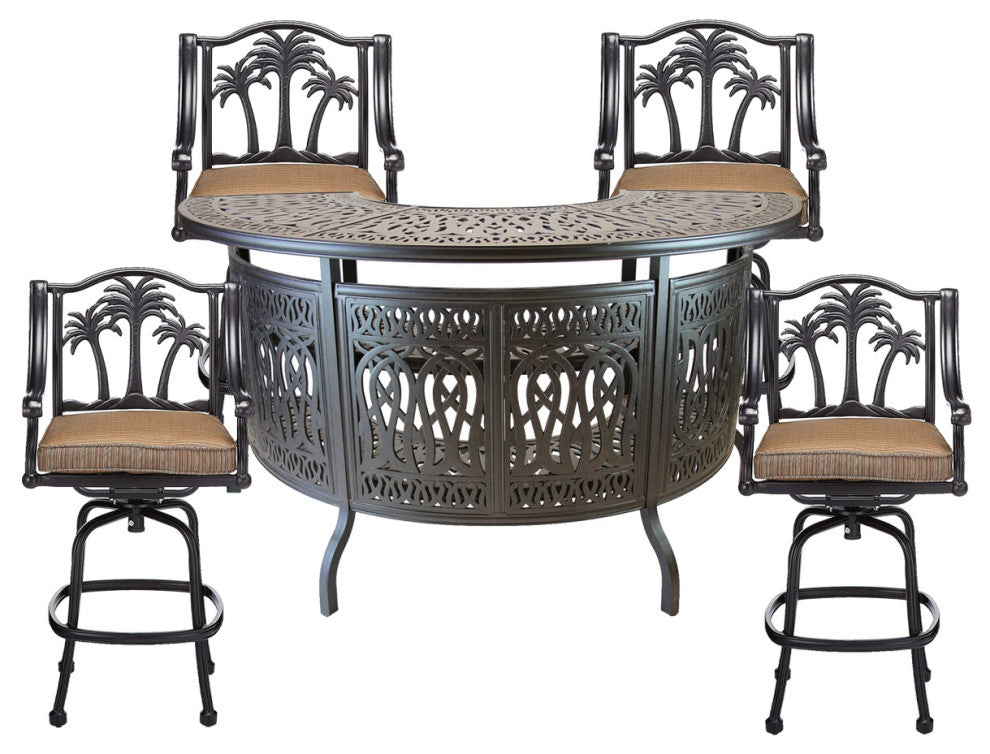 5-Piece Outdoor Bar Set Cast Aluminum Patio Table and 4 Palm Tree Swivel Stools