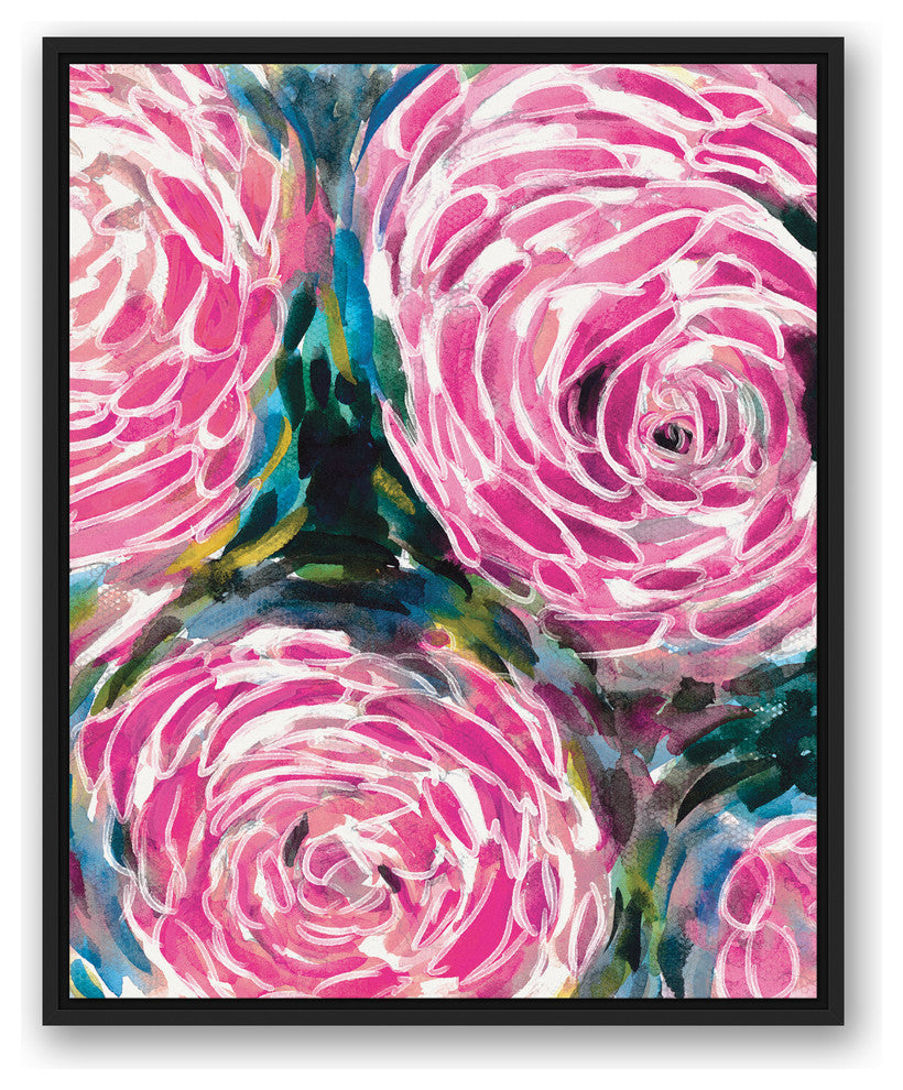 Painterly Pink Flowers 24x30 Black Floating Framed Canvas