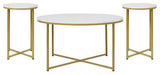 3 Piece Coffee and End Table Set, Crisscross Frame, White Marble and Matte Gold