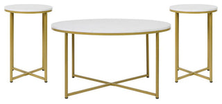 3 Piece Coffee and End Table Set, Crisscross Frame, White Marble and Matte Gold