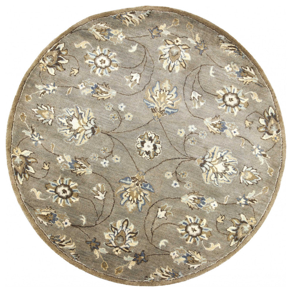 HomeRoots 5' Round Grey Floral Vine Wool Indoor Area Rug