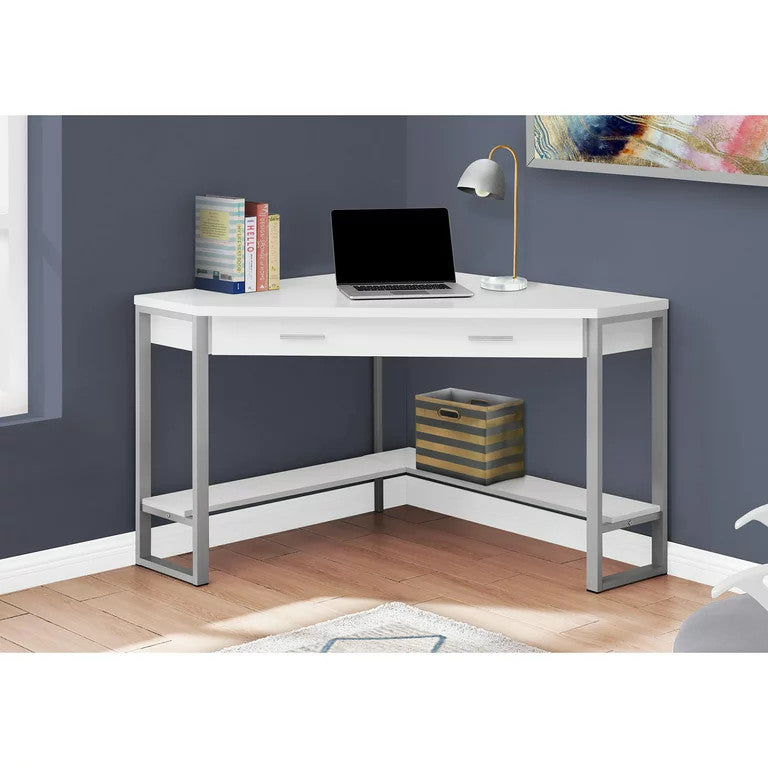 Contemporary Corner Desk, Large Drawer & Lower Open Shelf, White/Silver