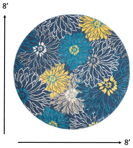 8' Blue Round Floral Power Loom Area Rug