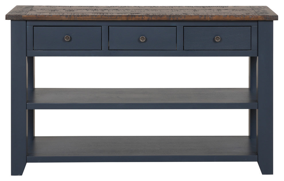TATEUS 48" Solid Pine Wood Console Table with Storage Drawers, Blue