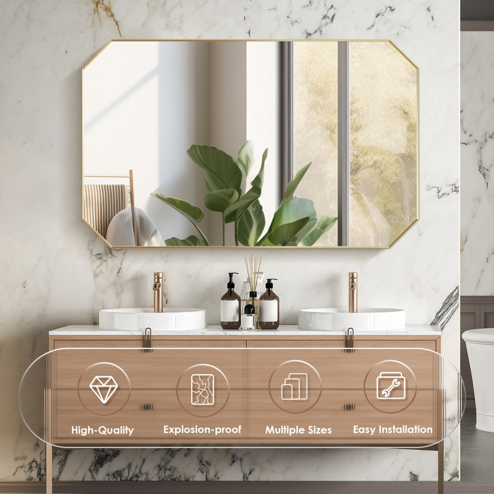 Allure Octagon Framed Bathroom Wall Mirror, Brushed Gold, 48"