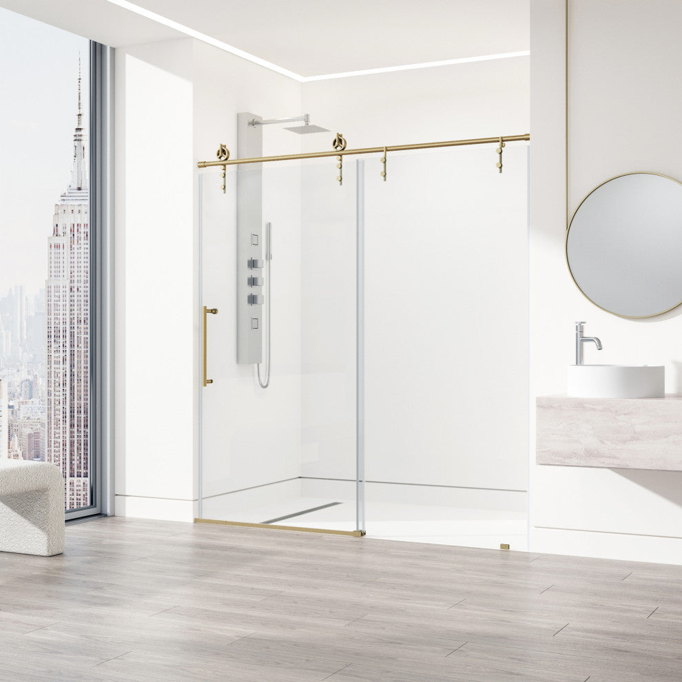 VIGO Hamilton Frameless Sliding, Matte Brushed Gold, Shower Door, 56" to 60" W X 78" H, Clear Glass