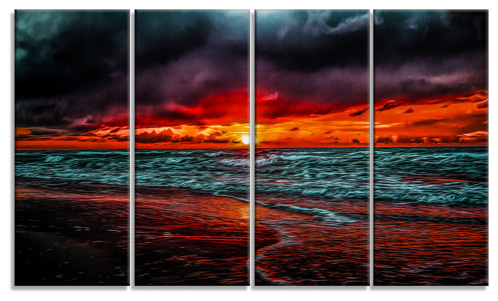 Red Sunset over Blue Waters, Seascape Canvas Art Print, 48"x28", 4 Panels
