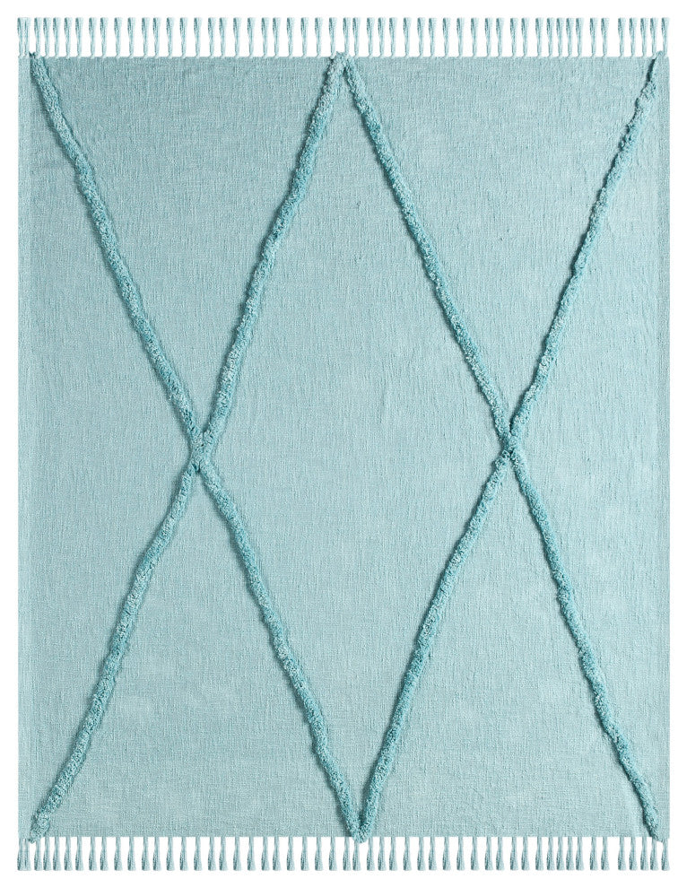 Bohemian Basics Decorative Diamond Tufted Cotton Throw Blanket, Aqua Sky Blue