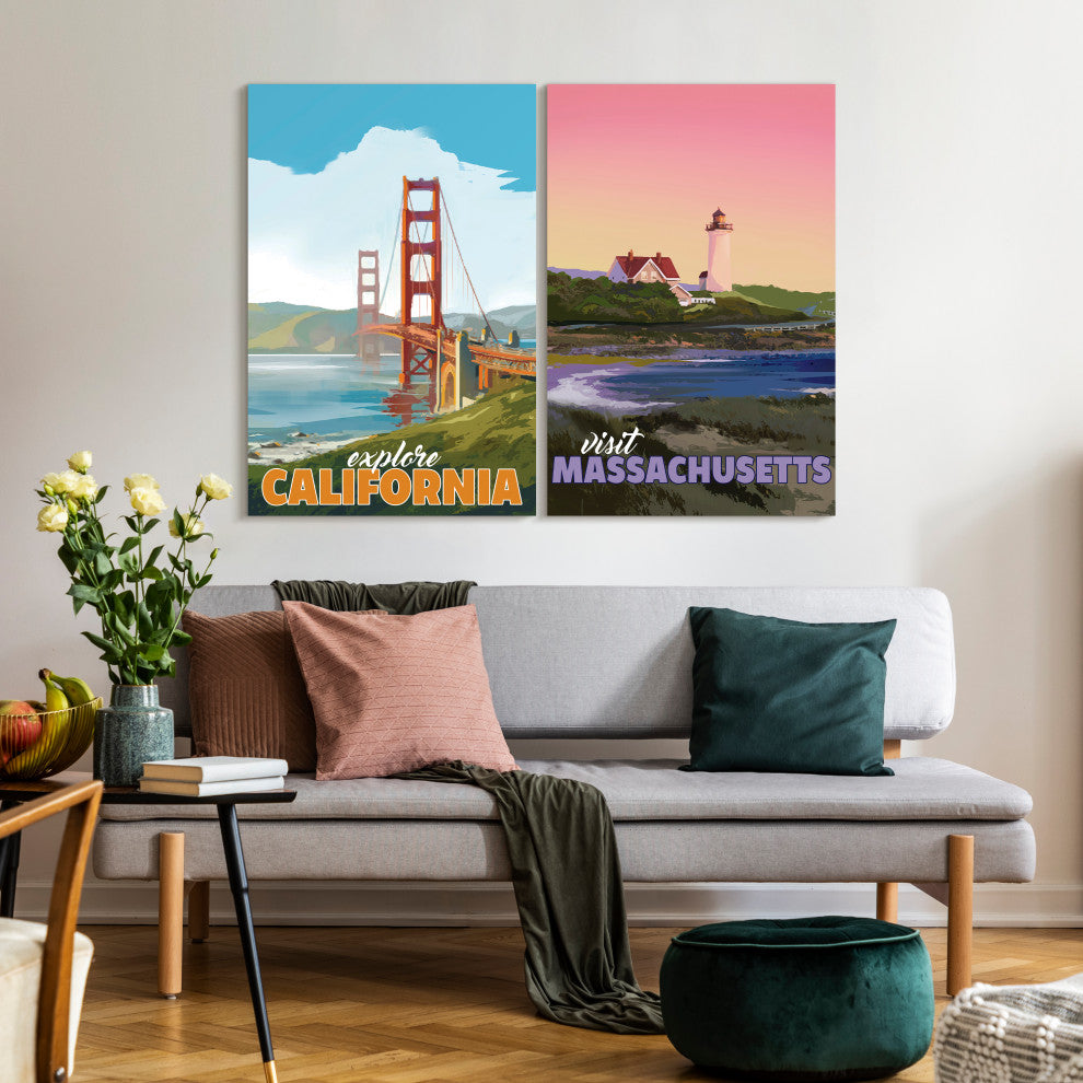 "Bicoastal Beauty" Frameless Floating Tempered Glass Panel Wall Art Set of 2