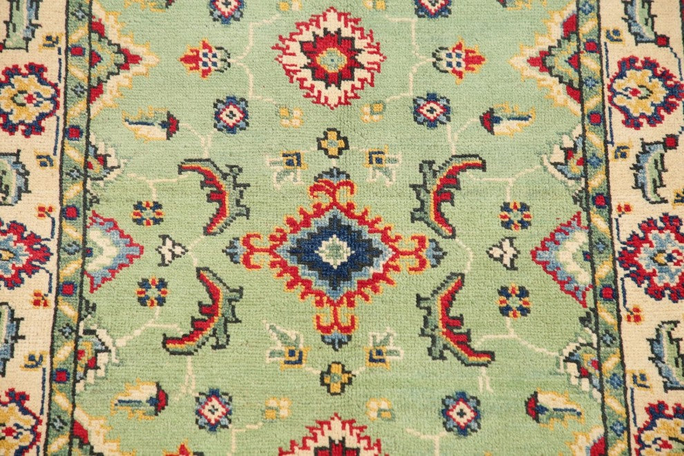 Pakistani Kazak Traditional Oriental Hand-Knotted Area Rug, Green, 4'1"X2'8"
