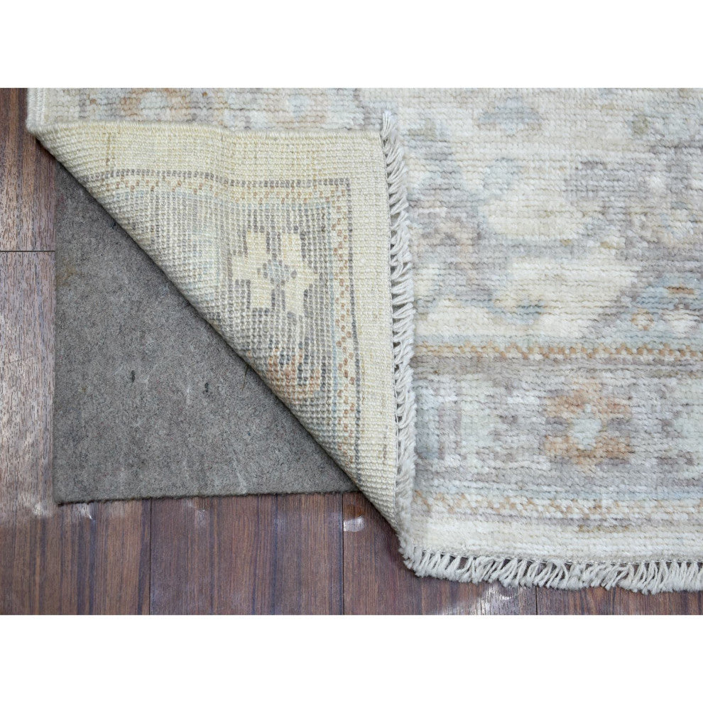 Ivory, Hand Knotted Angora Ushak, Afghan Wool Runner Rug, 3'0"x10'0"