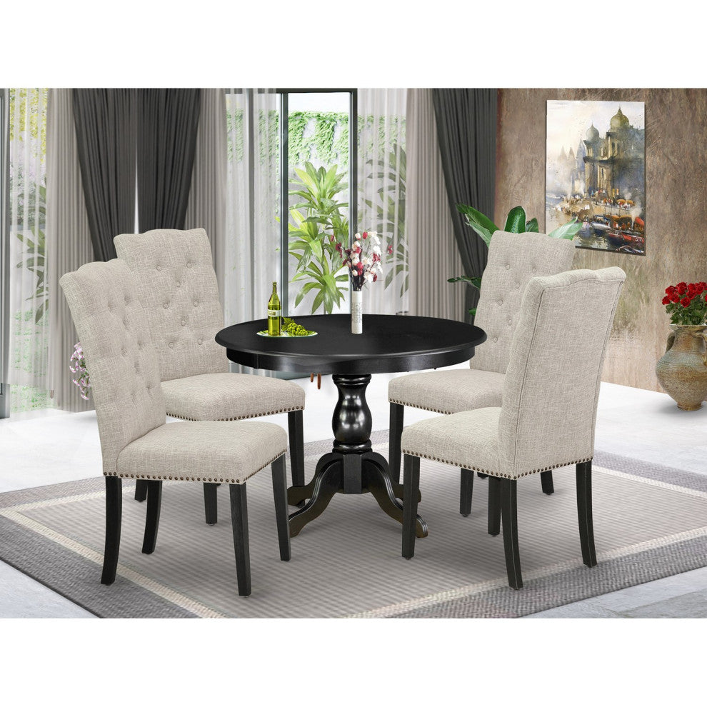 5Pc Kitchen Set, Black Table, 4 Doeskin Dining Chairs Back, Wire Brushed Black
