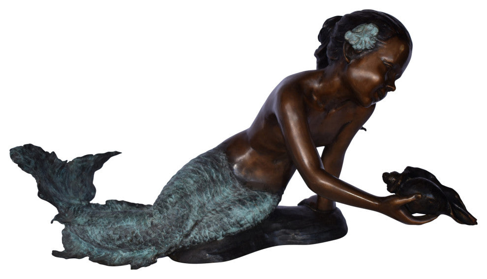 A Little Mermaid Holding A Shell Bronze Fountain Art Nude: 15" x 37" x 20"H