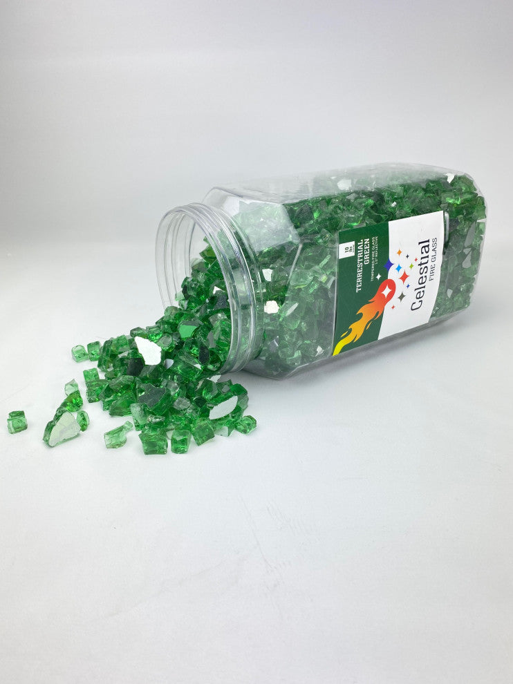 1/2" Reflective Tempered Fire Glass, Terrestrial Green, 10 lb. Jar