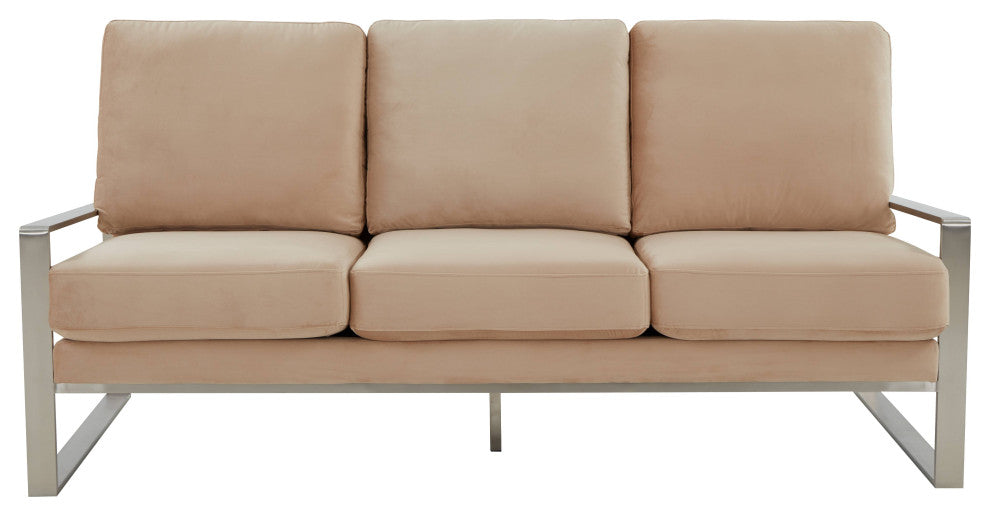 LeisureMod Jefferson Modern Design Velvet Sofa With Silver Frame, Beige