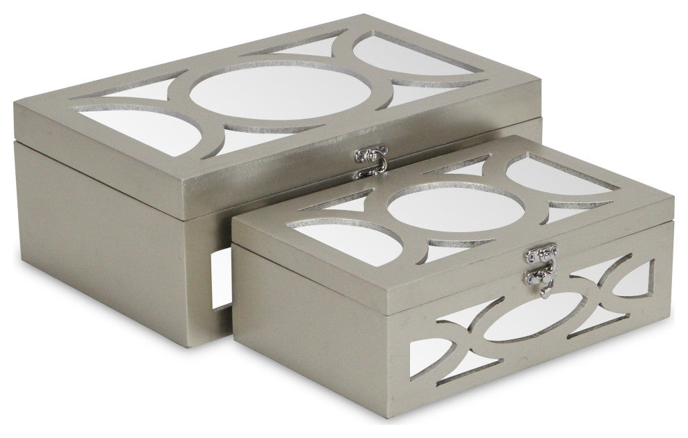 Set of Two Tan Oval Scroll Mirror Jewelry Storage Boxes