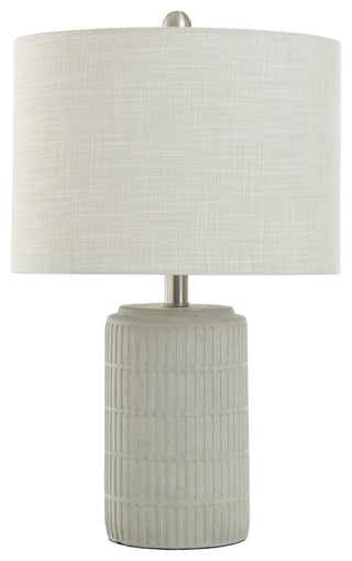 Joni Ceramic Table Lamp-Natural Cement Grey Finish-Heathered Off/White Drum