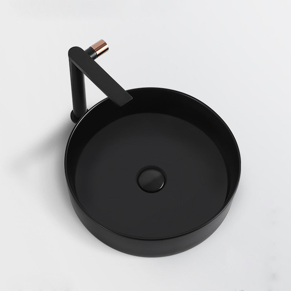 15.7 in Round Bathroom Ceramic Vessel Sink, Matt Black
